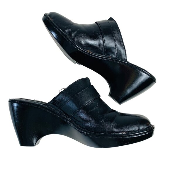 Merona Black Leather Slip-On Wedge Clogs Womens Size 9.5 Featuring Buckle Detail - Picture 6 of 14